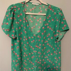Staccato Green Floral Short-Sleeve V-Neck Blouse